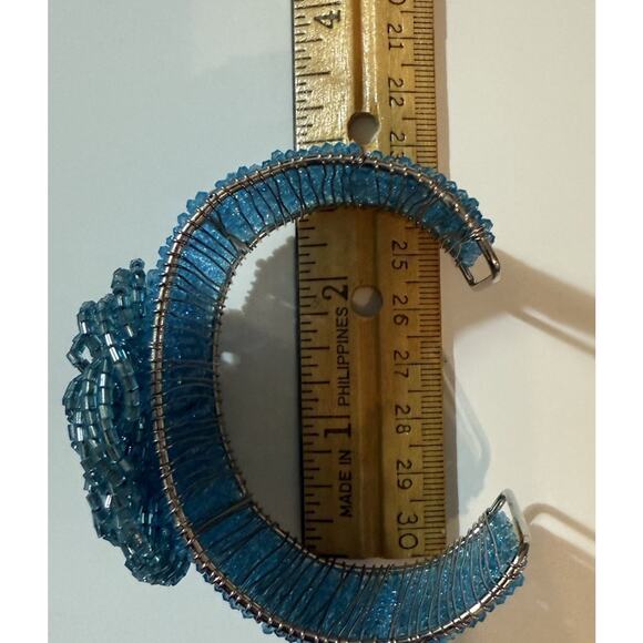 Vintage Turquoise Beaded Flower Cuff Bracelet Wide Wire Wrapped Statement - Picture 6 of 6